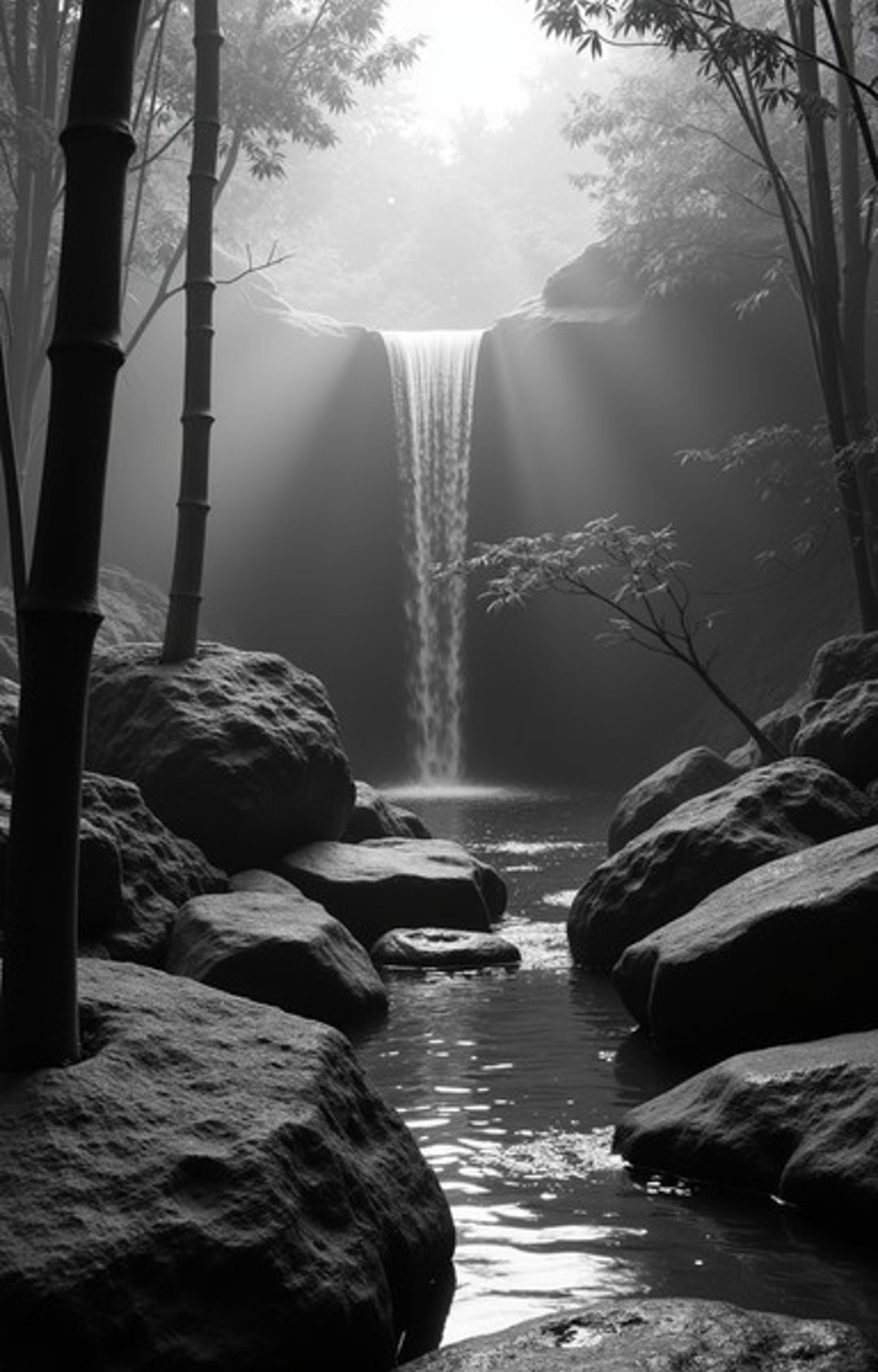 Black and white forest waterfall, representing custom-built apps